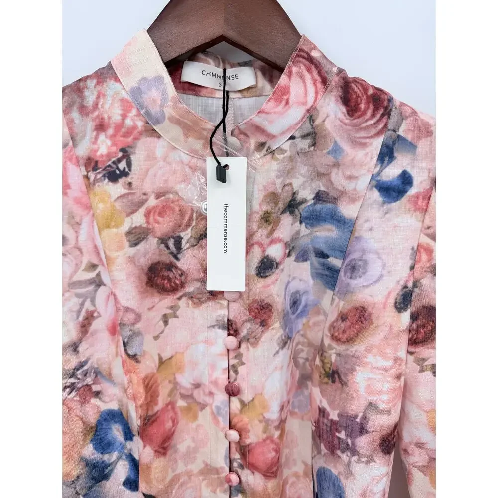 Commense Balloon Sleeve Floral Belted Midi Dress Mock Neck Pink Size Small NWT - Picture 6 of 9